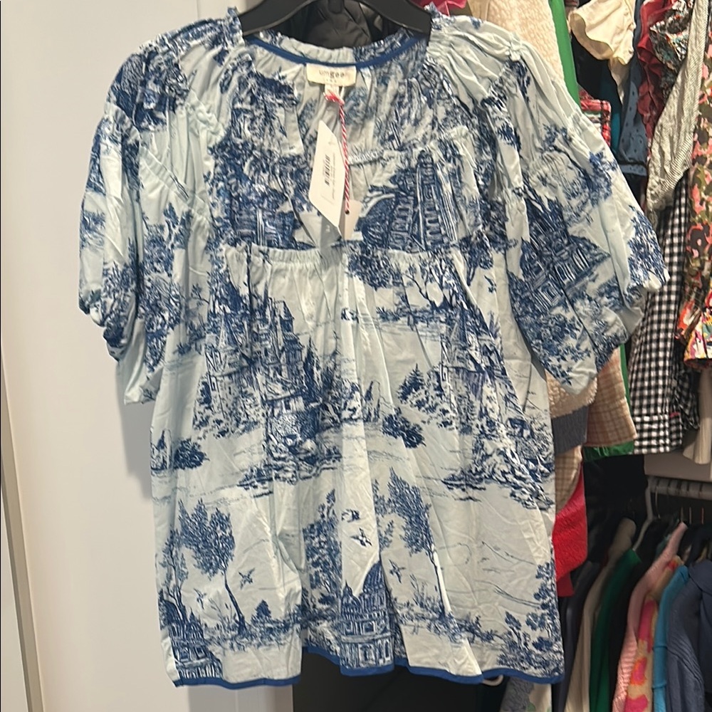 Anthropologie White and Blue Pleated Blouse with Bib Collar